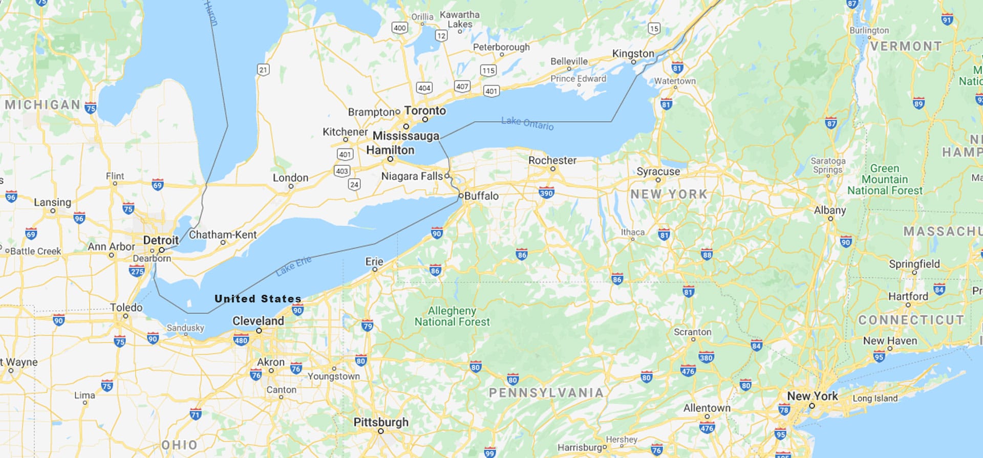 A map section showing New York and Pennsylvania.