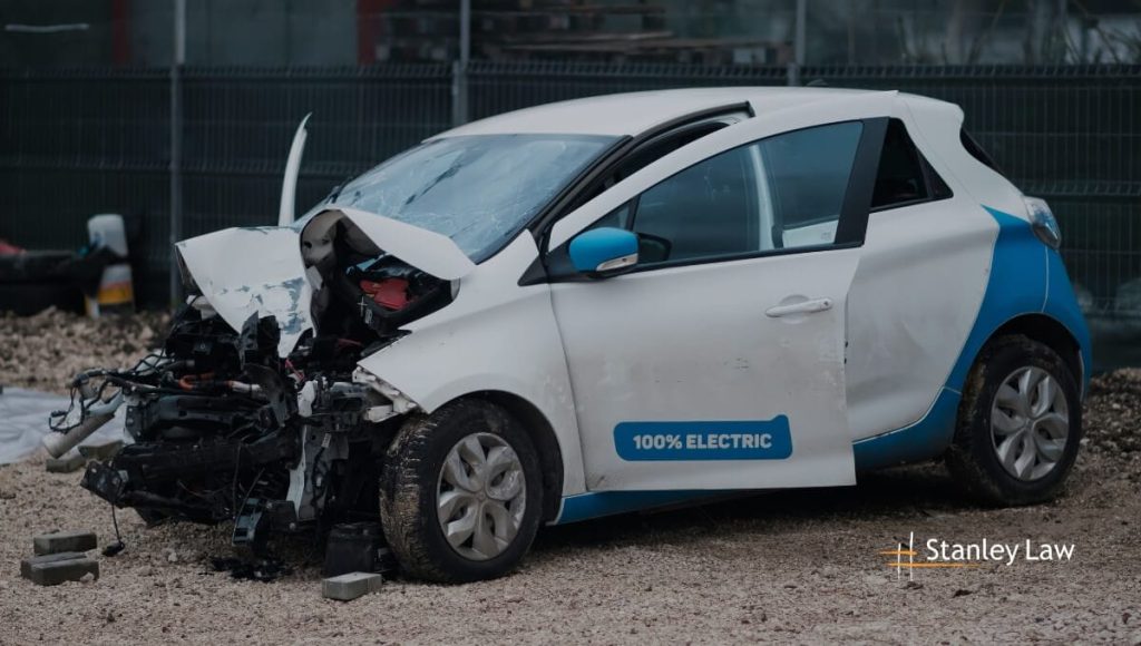 Electric Car involved in an accident - Front end Damage - Stanley Law Office