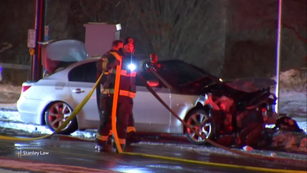 One Hospitalized After Fiery Two-Vehicle Crash