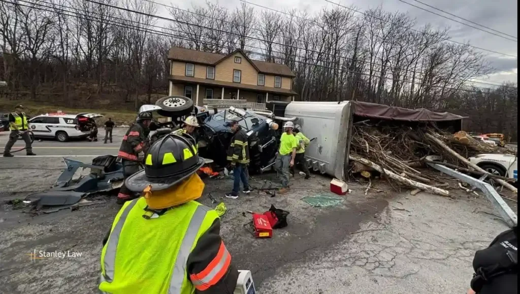 Nine-Vehicle Log Truck Rollover Injures